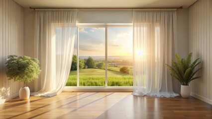 Serene Sunrise Views Through Sheer Curtains in a Minimalist Room with Indoor Plants