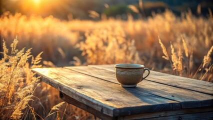 Serene Sunrise Moment A Rustic Wooden Table Holds a Warm Beverage in a Simple Mug, Bathed in the Golden Light of Dawn, Amidst a Field of Tall, Dried Grasses.