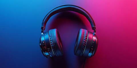 Sleek headphones bathed in neon pink and blue light. Perfect for music lovers