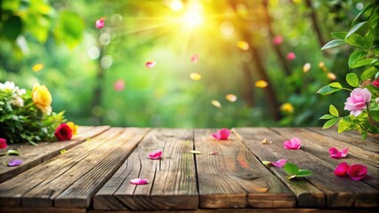 Rustic Wooden Table in a Sunlit Garden with Blooming Flowers and Falling Petals