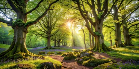 Sunlit Path Through a Verdant Forest of Ancient Trees with Mossy Roots and a Carpet of Blossoms
