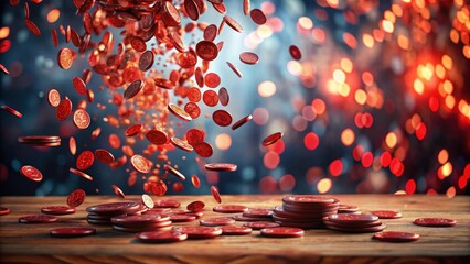 Red tokens cascading onto a wooden surface against a bokeh backdrop