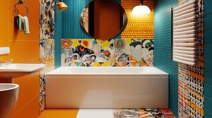 Colorful bathroom with mosaic tile wall