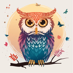 Naklejka premium A colorful owl with wide eyes and layered feathers, perched calmly on a branch with scattered leaves and butterflies around