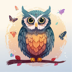 A colorful owl with wide eyes and layered feathers, perched calmly on a branch with scattered leaves and butterflies around
