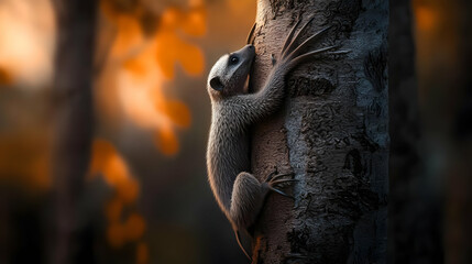 Obraz premium Small Animal Climbing Tree Trunk In Forest