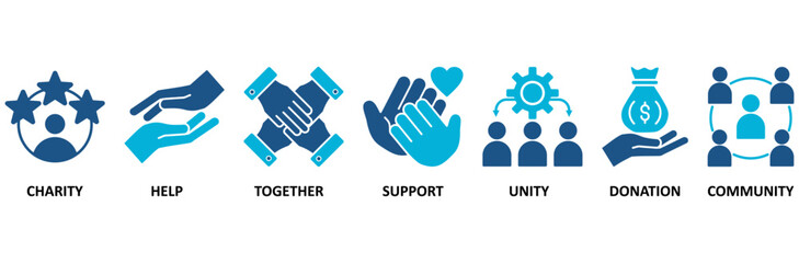 Fototapeta premium Volunteering banner web icon vector illustration concept for volunteer aid assistant with icon of charity, help, together, support, unity, donation, and community
