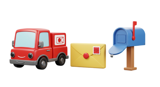 A whimsical mail delivery scene with a smiling red truck a golden envelope and a blue mailbox on transparent background