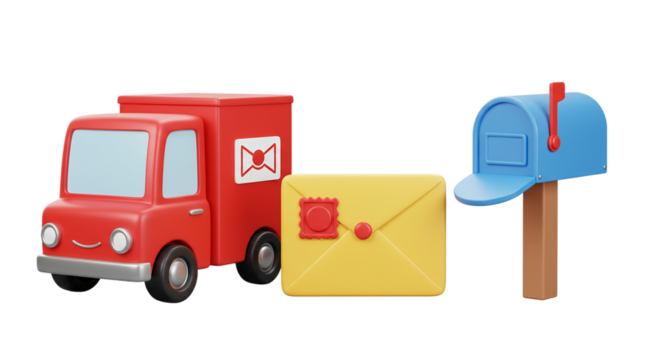 Delivering joy A cheerful red mail truck bringing letters to a blue mailbox sealed with a on transparent background