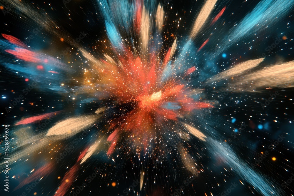 Aufkleber Dynamic abstract animation showcasing flying fire sparks in a colorful explosion of energy and motion, Flying fire sparks motion as animated 3D abstract intro decoration explosion background video