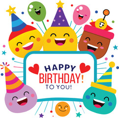 Naklejka premium Colorful Cartoon Characters Celebrating a Happy Birthday on a White Background