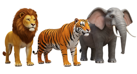 A majestic lion a fierce tiger and a gentle elephant stand together symbolizing power grace on transparent background