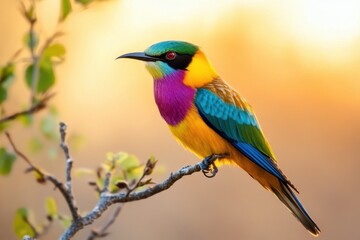 Fototapeta premium Colorful bird perched on branch during beautiful sunrise in natural setting, beautiful bird on a branch at sunrise