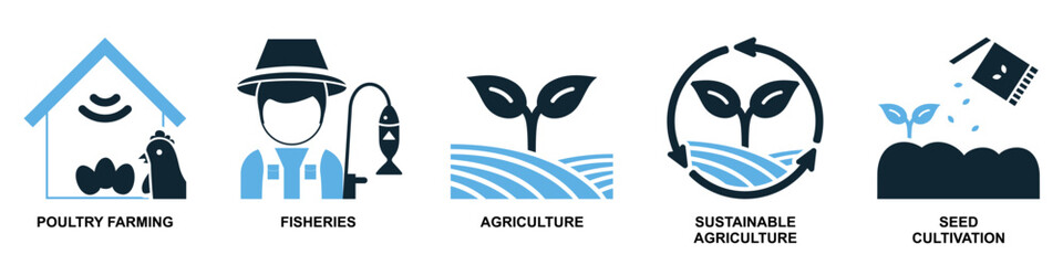 Set agriculture farming icon vector for various aspects of cultivation, livestock, and rural life. Ideal for agricultural businesses, food production, and sustainable development themes.