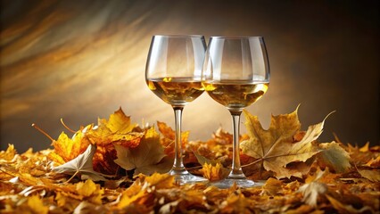 Two glasses of crisp white wine nestled amongst autumn leaves, a picturesque scene of seasonal refreshment