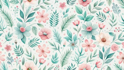 A Seamless Pastel Floral Pattern Featuring Delicate Blooms and Lush Greenery, Ideal for Textile Design or Decorative Applications
