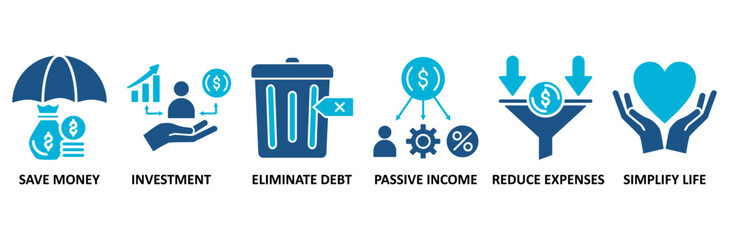Financial freedom banner web icon vector illustration concept with icon of save money, investment, eliminate debt, passive income, reduce expenses, simplify life