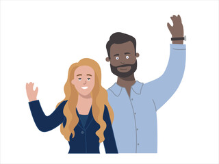 Portrait of two young people dressed in business clothes greeting and smiling. Happy, dark-skinned bearded man hugs Blonde woman from behind
