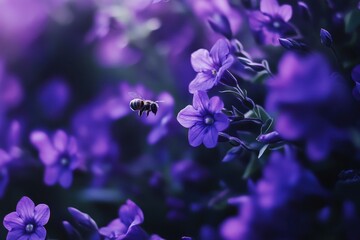 Bee flying above purple flowers in slow motion capturing delicate spring beauty, Bee, flying on flowers closeup view Slow-motion purple violet flowers