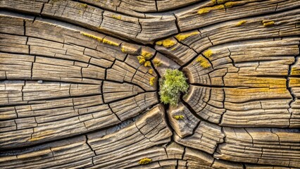 Detailed Close-up of Weathered Wood Showing Natural Cracks and Small Plant Growth