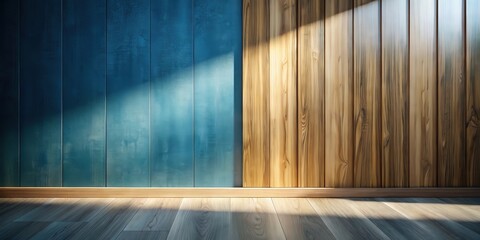 Sunlit Interior with Teal and Wood Paneling on Walls and Hardwood Floor