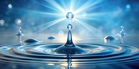 A single droplet of water impacting a tranquil surface, creating concentric ripples and a radiant glow