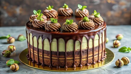 Delicious layered chocolate cake with mint frosting and chocolate ganache, adorned with delicate chocolate swirls and fresh mint leaves.