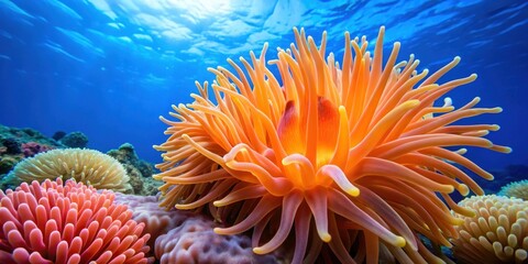 Vibrant underwater scene showcasing a captivating array of sea anemones in diverse hues, their tentacles gracefully extending in a breathtaking display of aquatic life