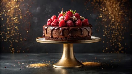 A decadent chocolate dessert cake adorned with fresh raspberries, elegantly displayed on a golden cake stand against a dark background, perfect for celebratory occasions