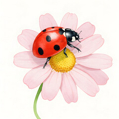Ladybird landing on a pink flower, delicate moment. Watercolor style on canvas
