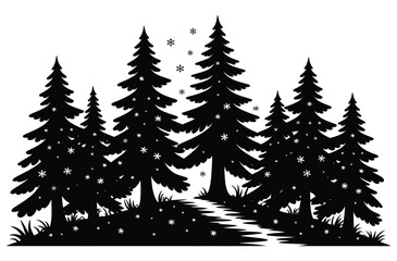 Fototapeta premium Black Pine Woods Vector Silhouette of Dense Evergreen Forest