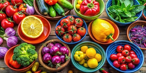 Vibrant Assortment of Fresh Produce in Colorful Bowls on Rustic Wooden Surface