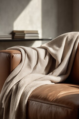 brown leather sofa with textured beige throw
