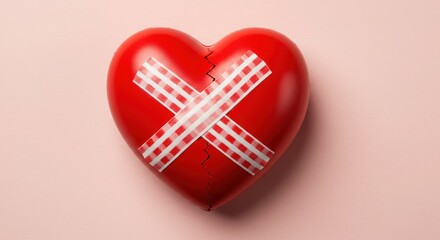 Red heart with adhesive bandage symbolizing emotional healing recovery and broken love 
