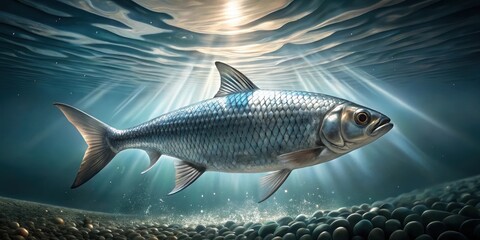 Majestic Aquatic Creature Gracefully Swimming Through Sunlit Waters Above a Rocky Riverbed