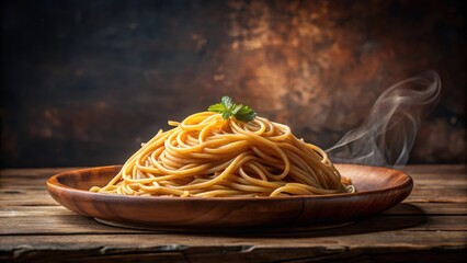 Aromatic Steaming Plate of Golden Spaghetti with Fresh Herb Garnish on Rustic Wooden Surface