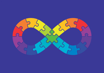 Infinity symbol colorful puzzle design. Vector isolated on blue background.