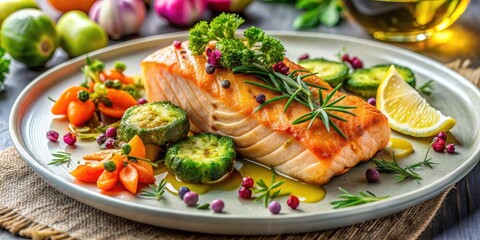 Delicious Pan-Seared Salmon Fillet with Roasted Vegetables and Herbs on a Plate