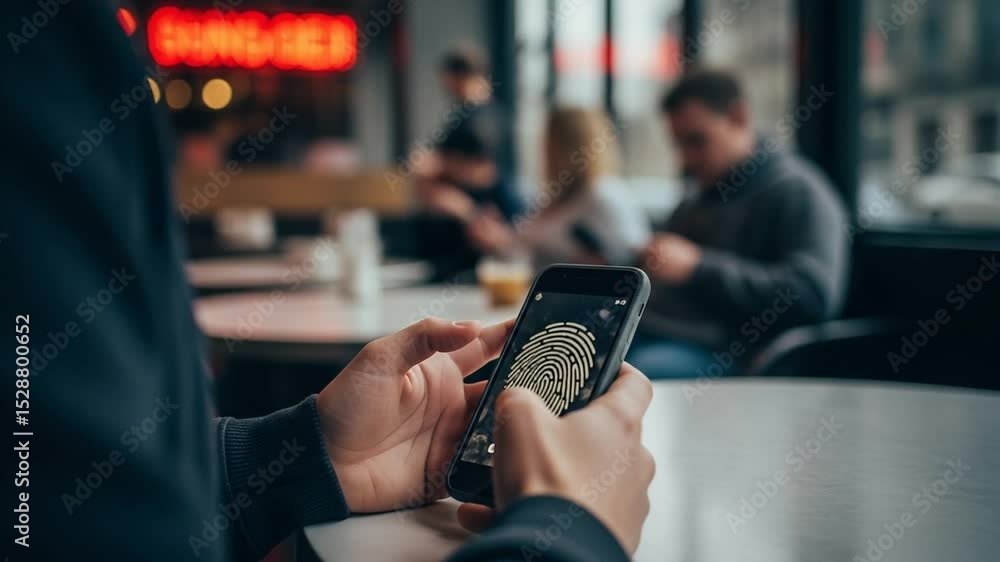 Aufkleber person using smartphone in cafe focusing on hands close up showing communication and technological d