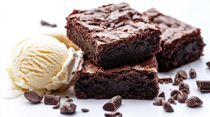 Two fudgy brownies stacked, alongside a scoop of vanilla ice cream and scattered chocolate chips on a white background.  The brownies have a rich, dark brown color and a slightly cracked top