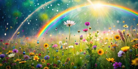Vibrant Wildflower Meadow Basking in Sunlight After a Gentle Rain Shower, Adorned with a Majestic Rainbow Arcing Across a Serene Sky