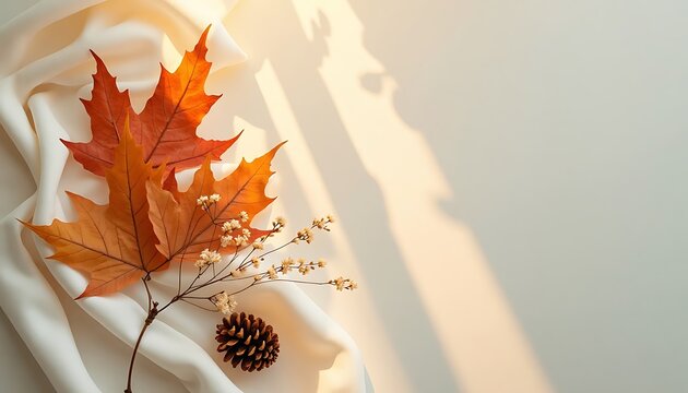Autumn leaves and pine cone on a white fabric with sun rays