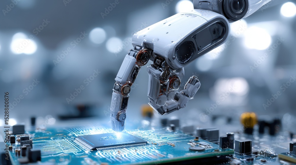 Poster robot hand touches circuit background image