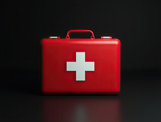 Obraz premium a_photorealistic_image_of_a_vibrant_red_first_aid_kit_placed_centrally_against_a_completely_dark