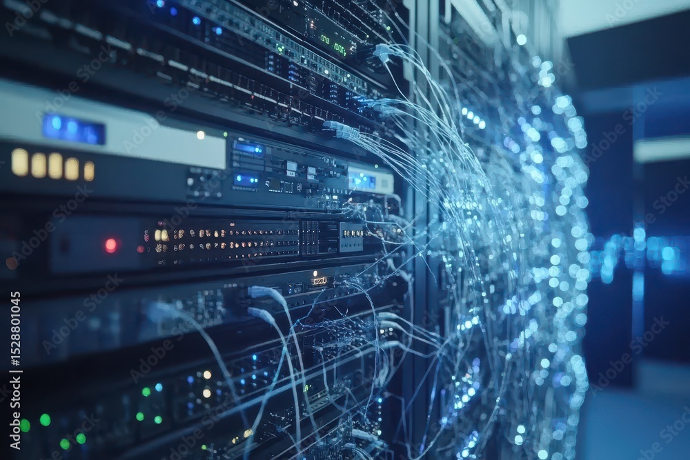 Poster network connections illuminate data processing system inside a modern tech environment, network of c