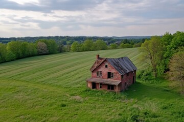 Obraz premium Rustic abandoned farm surrounded by lush green fields in springtime, Rustic abandoned farm amid lush, scenic springtime landscape of agricultural fields, aerial view