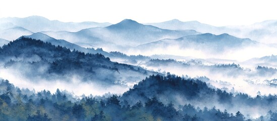 Watercolor painting of misty blue mountains and forest panorama