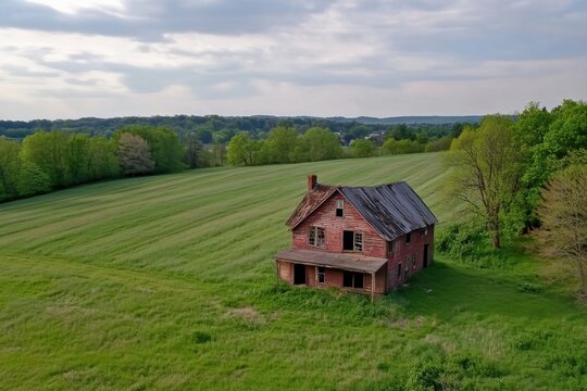 Rustic abandoned farm surrounded by lush green fields in springtime, Rustic abandoned farm amid lush, scenic springtime landscape of agricultural fields, aerial view
