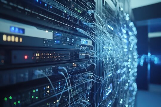Network connections illuminate data processing system inside a modern tech environment, network of connections and data processing over globe