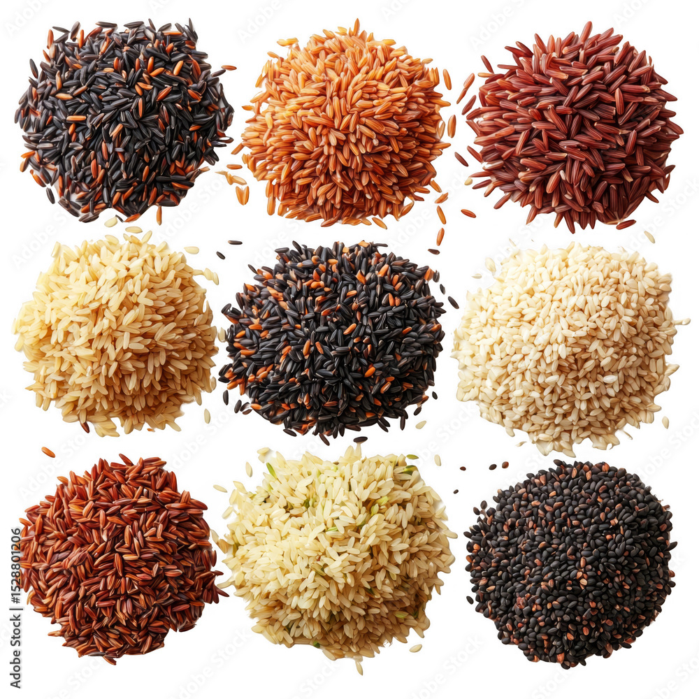 Poster various colorful piles of mixed rice grains arranged in a grid pattern, showcasing different types a